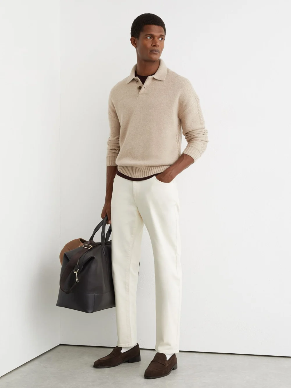 Reiss Oatmeal Wool-blend Half-button Polo Jumper, view 3