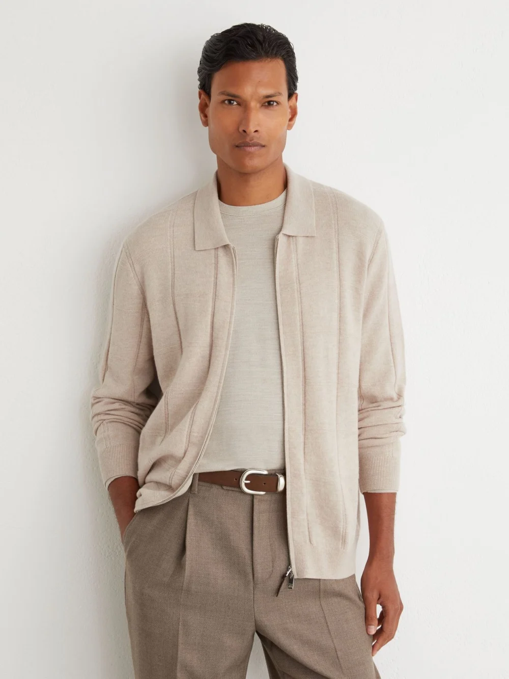 Reiss Oatmeal Wool Check-textured Zip-through Cardigan