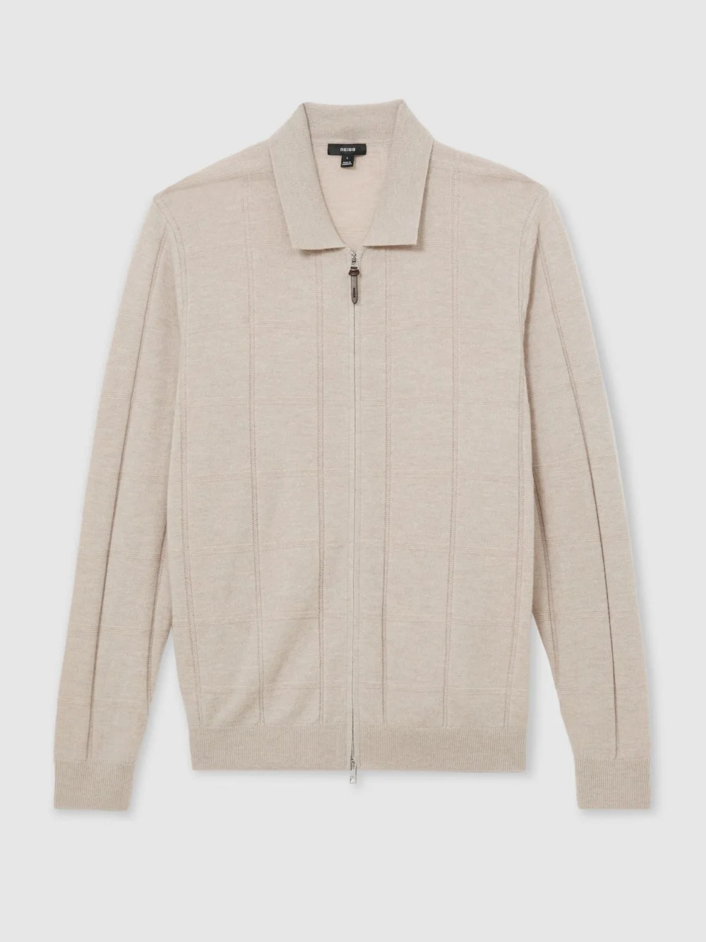 Reiss Oatmeal Wool Check-textured Zip-through Cardigan, view 2