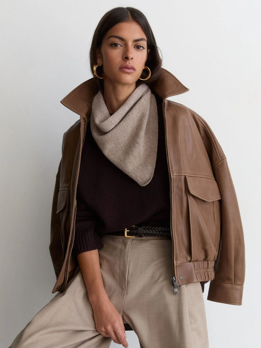 Reiss Oatmeal Wool Knitted Neck-tie Scarf,