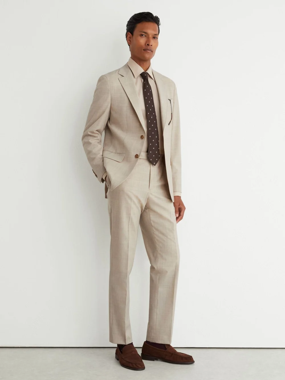 Reiss Oatmeal Wool Pin-check Classic-fit Suit Trousers