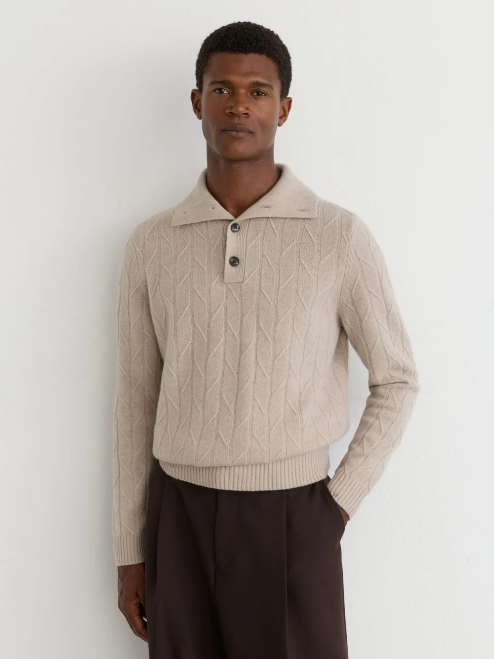 Reiss Oatmeal Wool Stitch-detail Half-button Jumper
