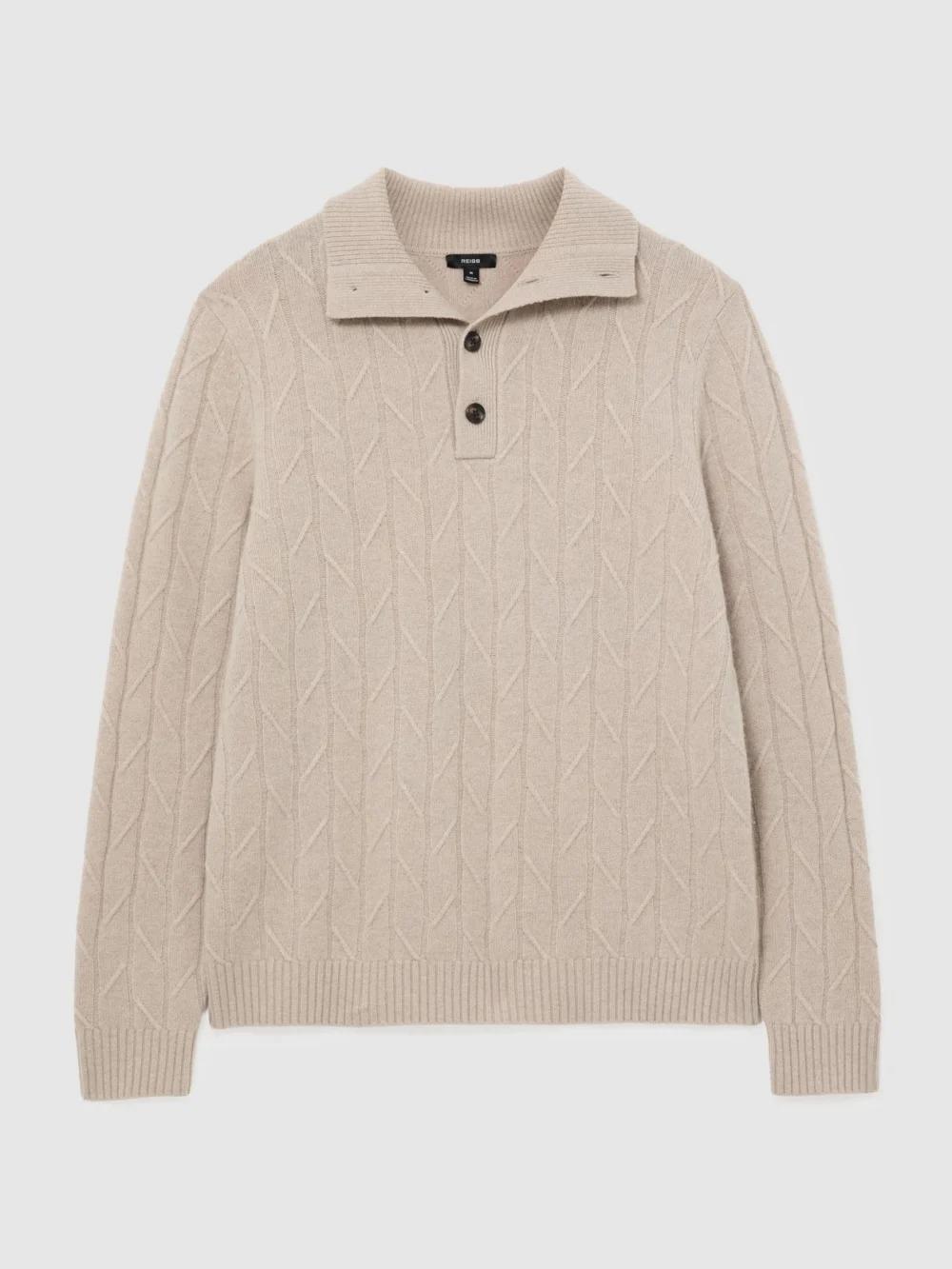 Reiss Oatmeal Wool Stitch-detail Half-button Jumper, view 2