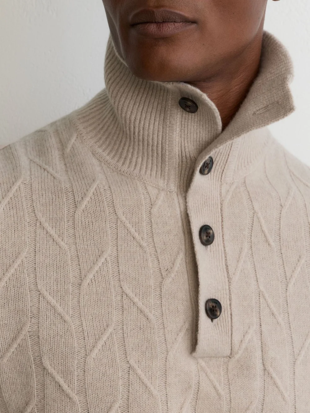 Reiss Oatmeal Wool Stitch-detail Half-button Jumper, view 3