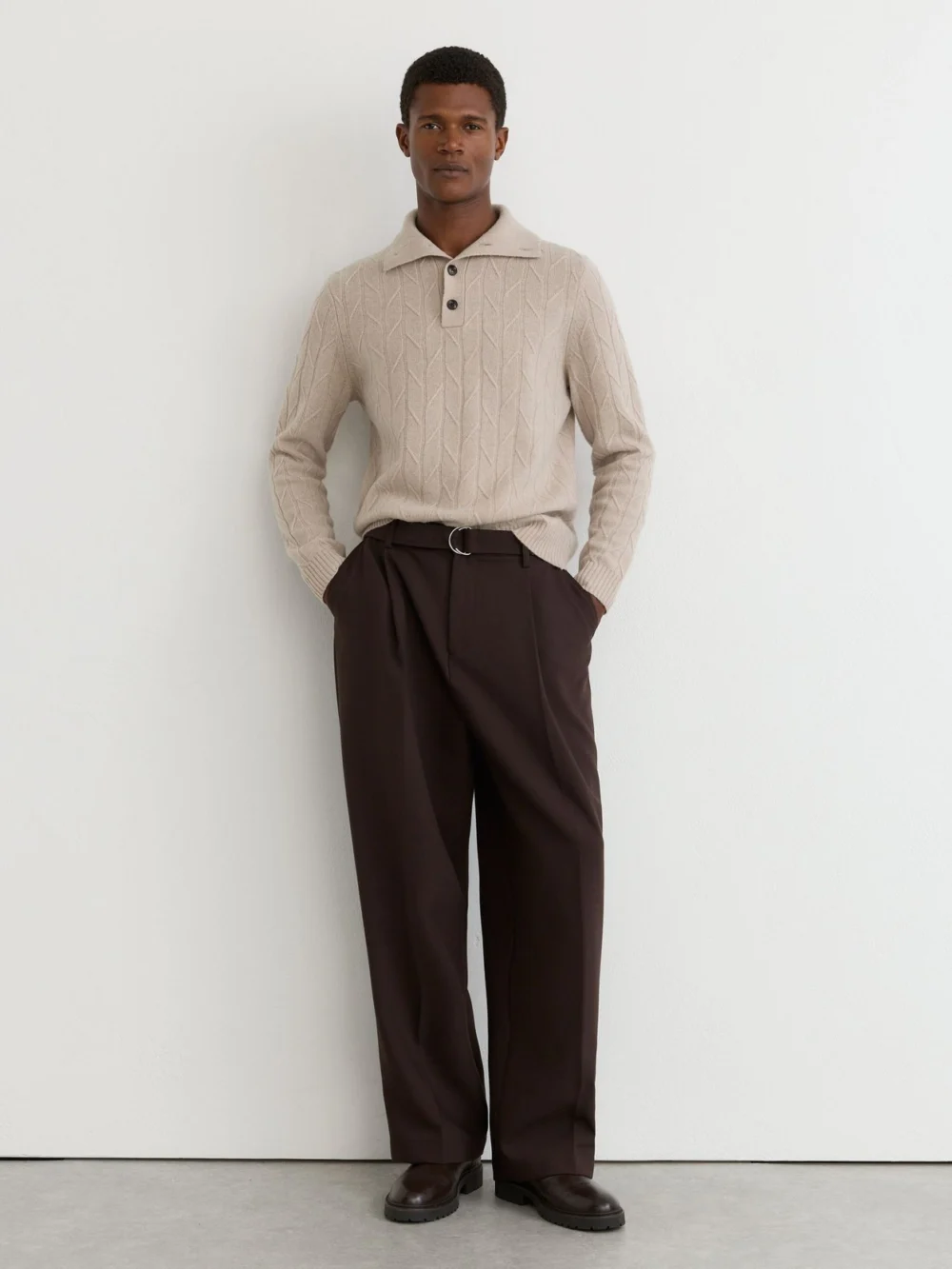 Reiss Oatmeal Wool Stitch-detail Half-button Jumper, view 4