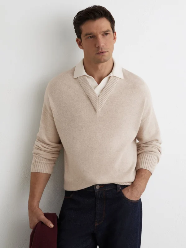 Reiss Oatmeal Wool V-neck Contrast-collar Jumper