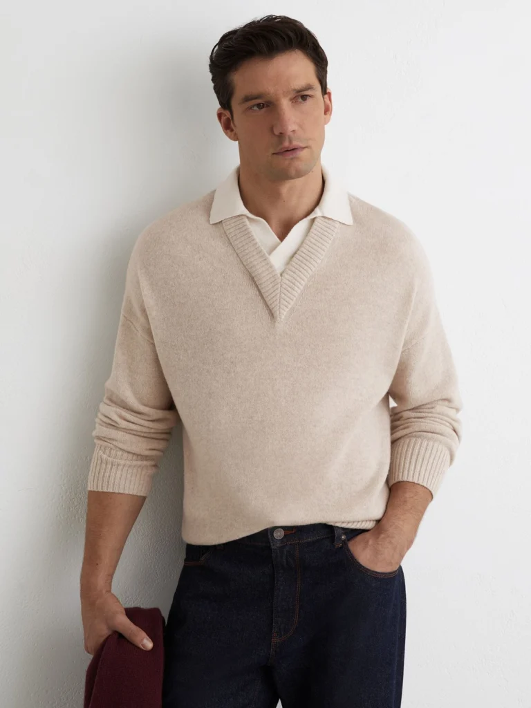 Reiss Oatmeal Wool V-neck Contrast-collar Jumper