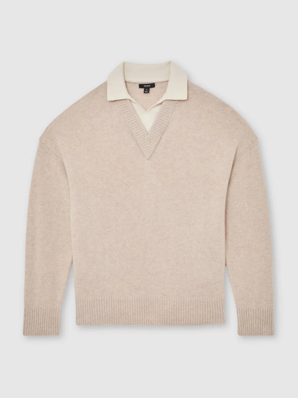 Reiss Oatmeal Wool V-neck Contrast-collar Jumper, view 2