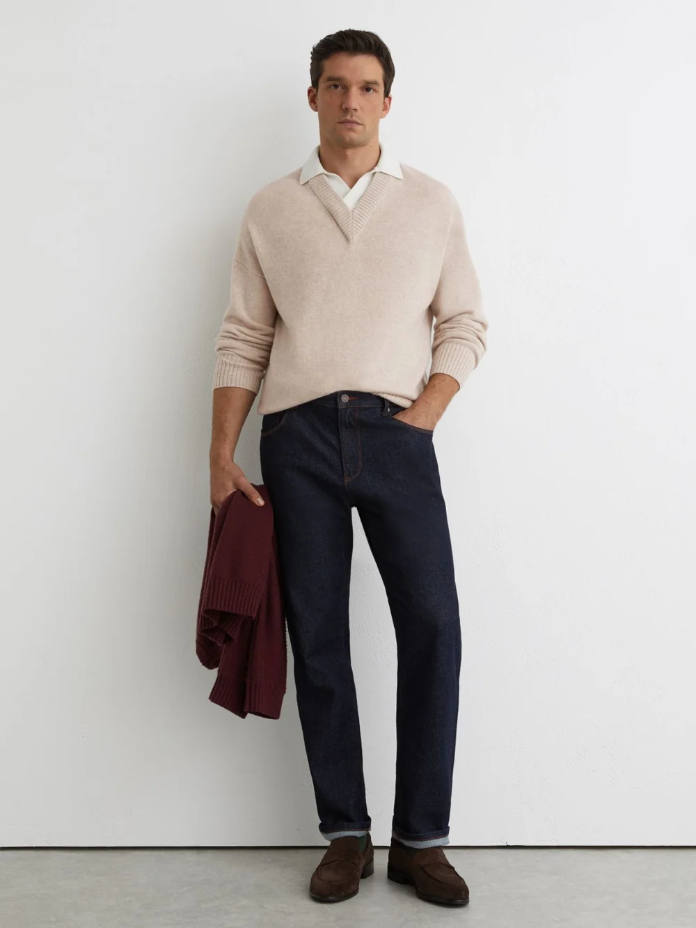 Reiss Oatmeal Wool V-neck Contrast-collar Jumper, view 3