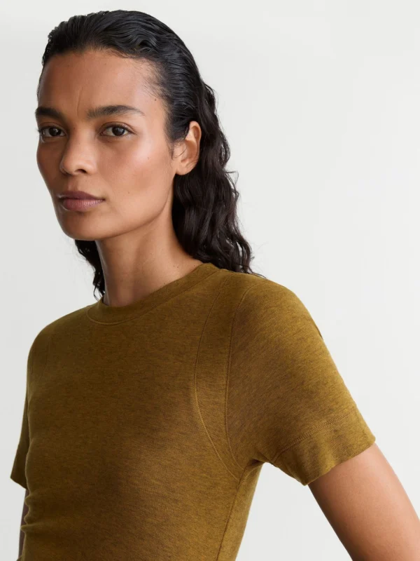 Reiss Ochre Green Lyocell-wool Ruched Crew-neck T-shirt