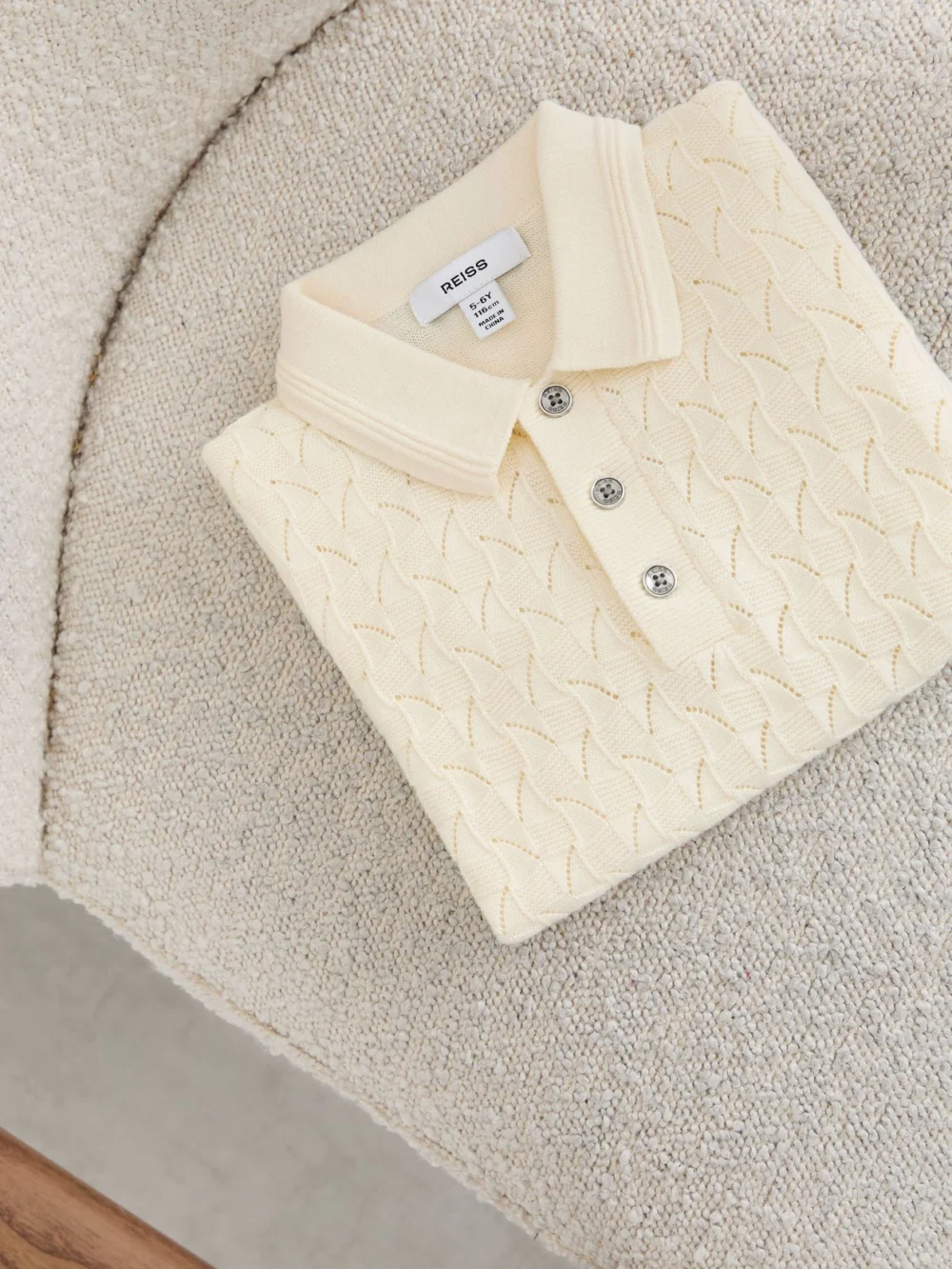 Reiss Off White 3-9 yrs Cotton Pointelle-knit Polo Jumper, view 2