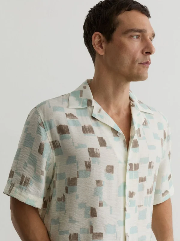 Reiss Off White Brushstroke-print Cuban-collar Shirt