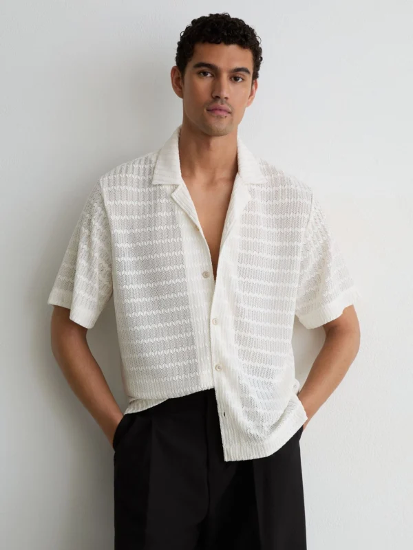 Reiss Off White Chevron-crochet Cuban-collar Shirt