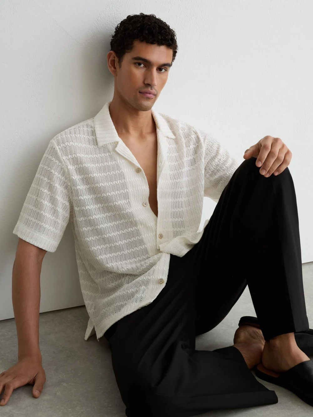 Reiss Off White Chevron-crochet Cuban-collar Shirt, view 3