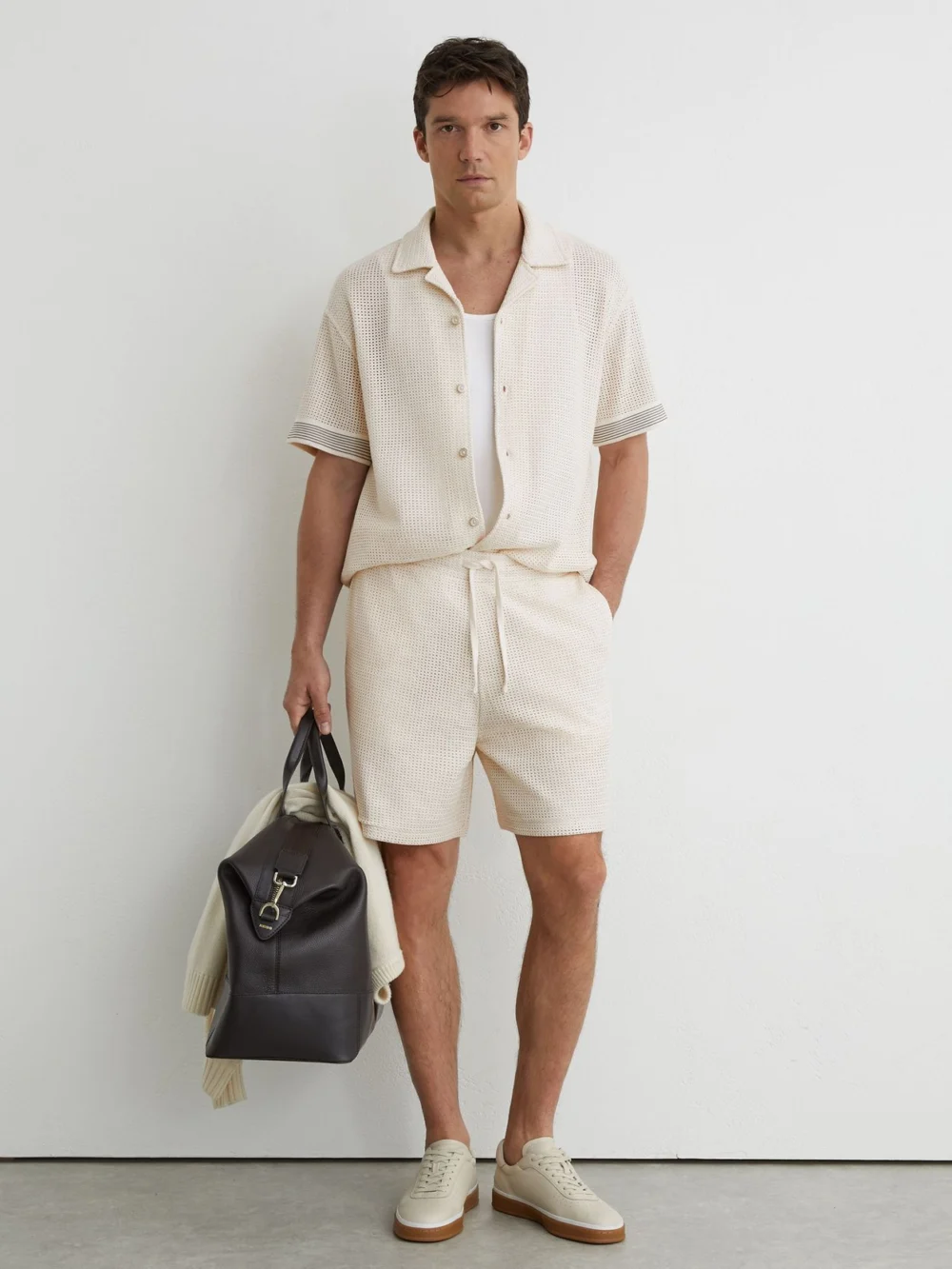 Reiss Off White Cotton-blend Side-tape Crochet Shorts