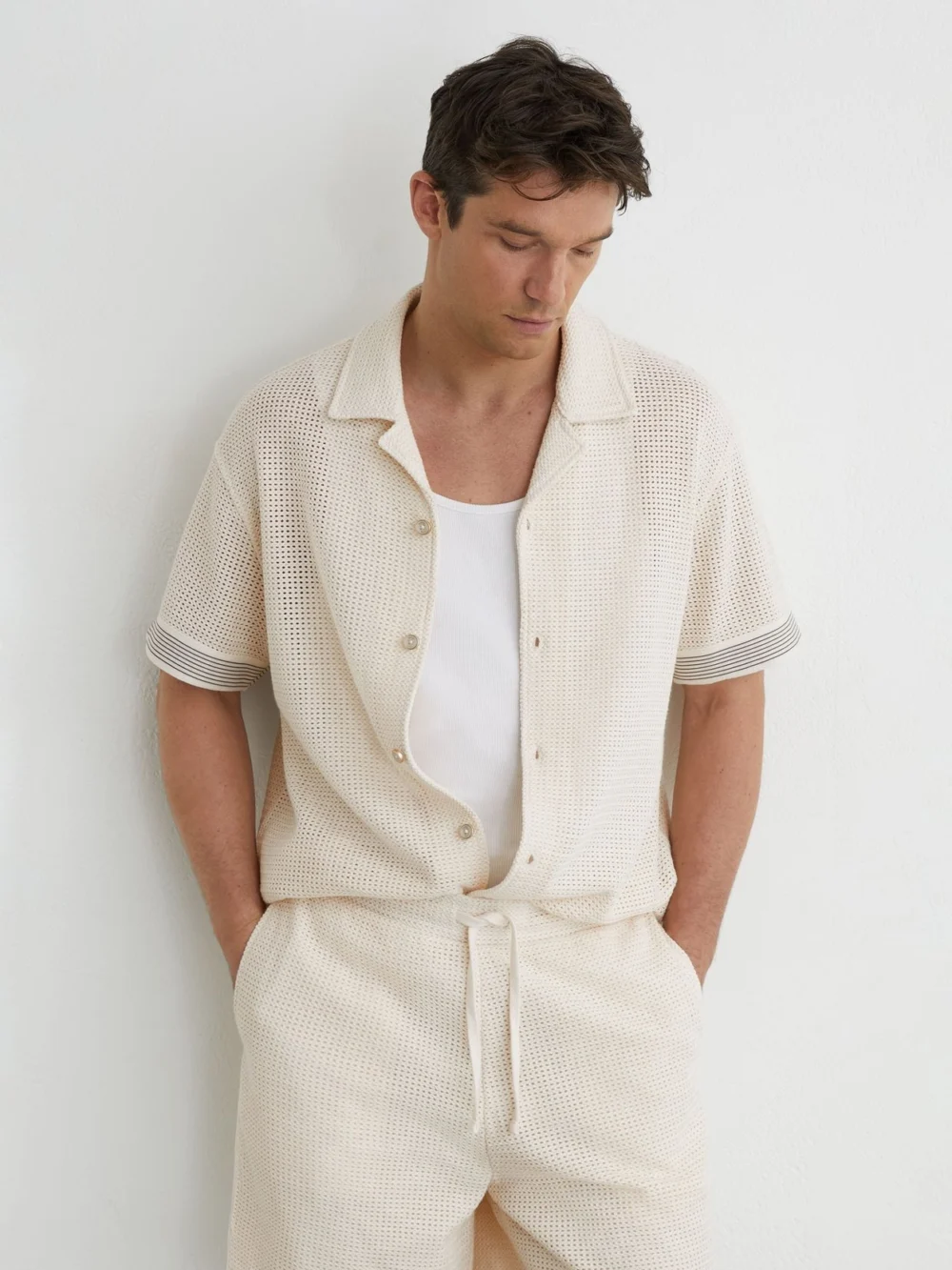 Reiss Off White Cotton-blend Tape-trim Crochet Shirt