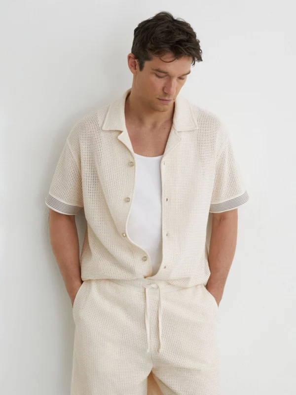 Reiss Off White Cotton-blend Tape-trim Crochet Shirt