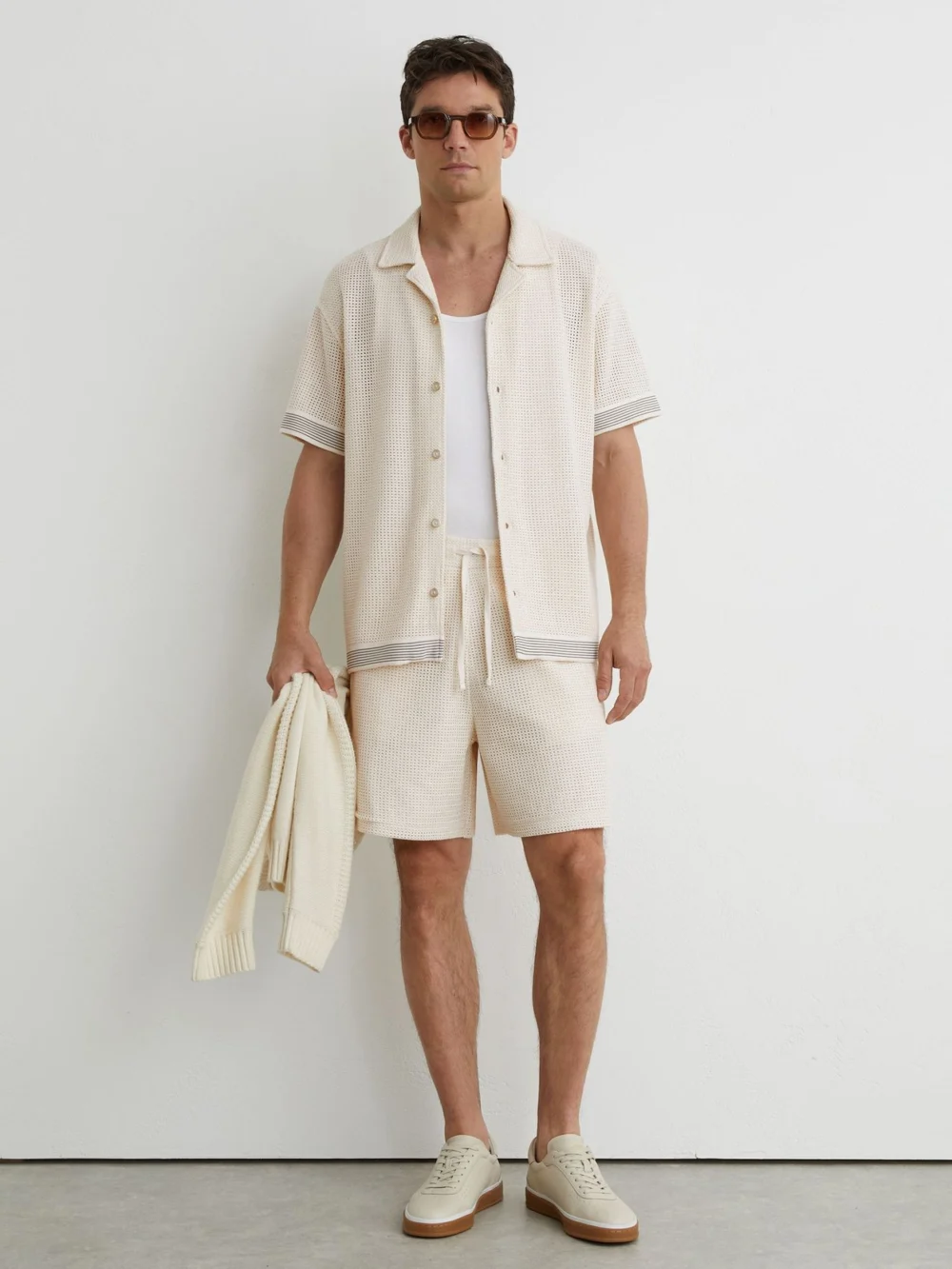 Reiss Off White Cotton-blend Tape-trim Crochet Shirt, view 3