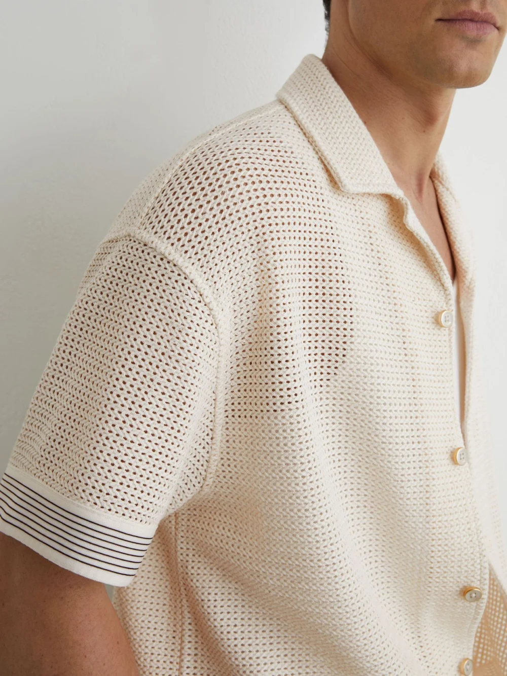 Reiss Off White Cotton-blend Tape-trim Crochet Shirt, view 4