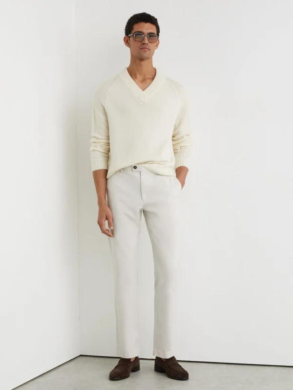 Reiss Off White Cotton Piqué Chino Trousers