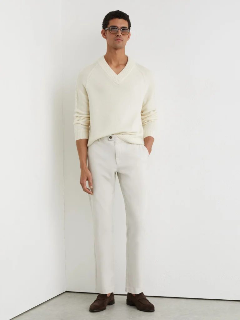 Reiss Off White Cotton Piqué Chino Trousers