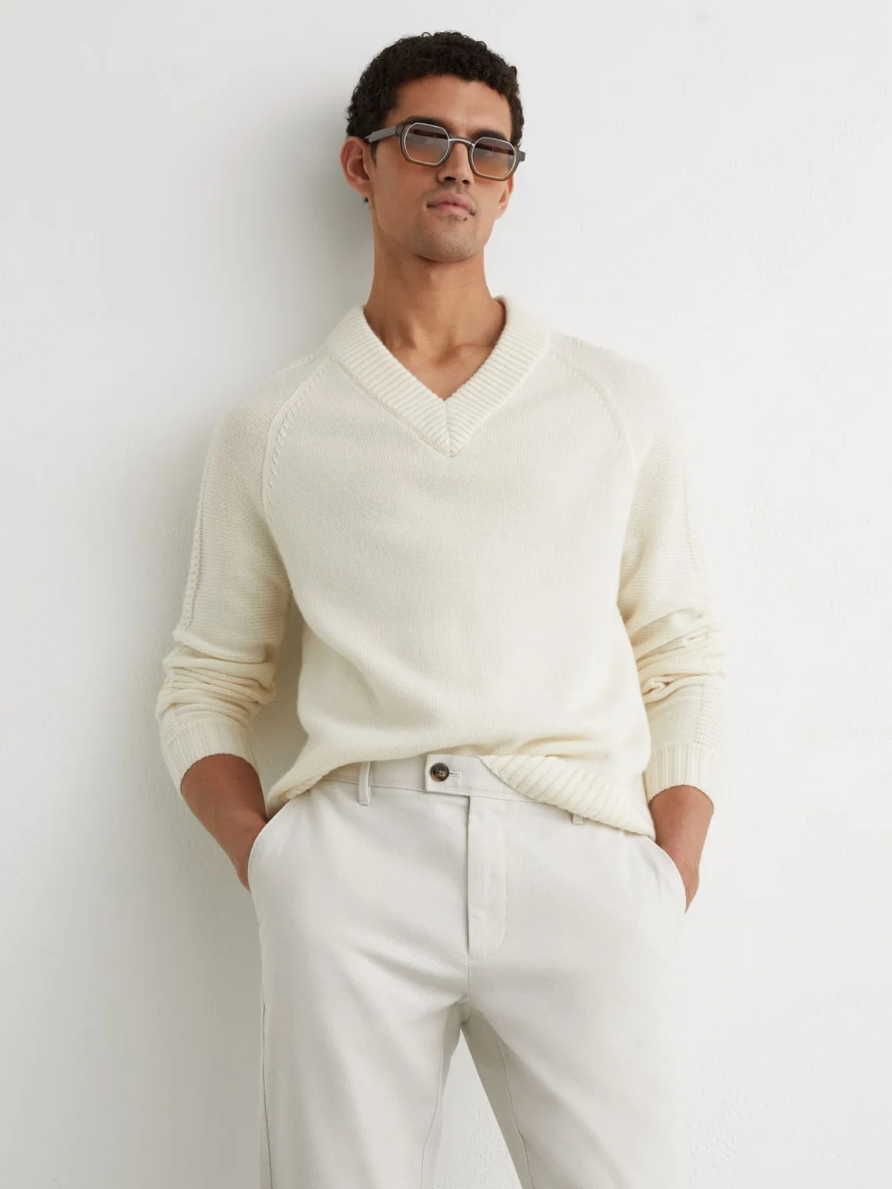 Reiss Off White Cotton Piqué Chino Trousers, view 3