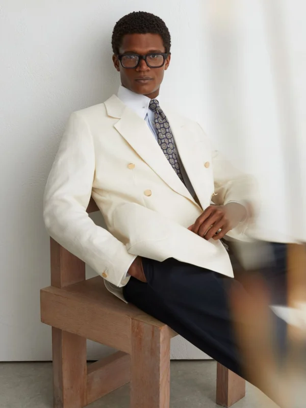 Reiss Off White Cotton Textured Double-breasted Blazer Tailored-fit