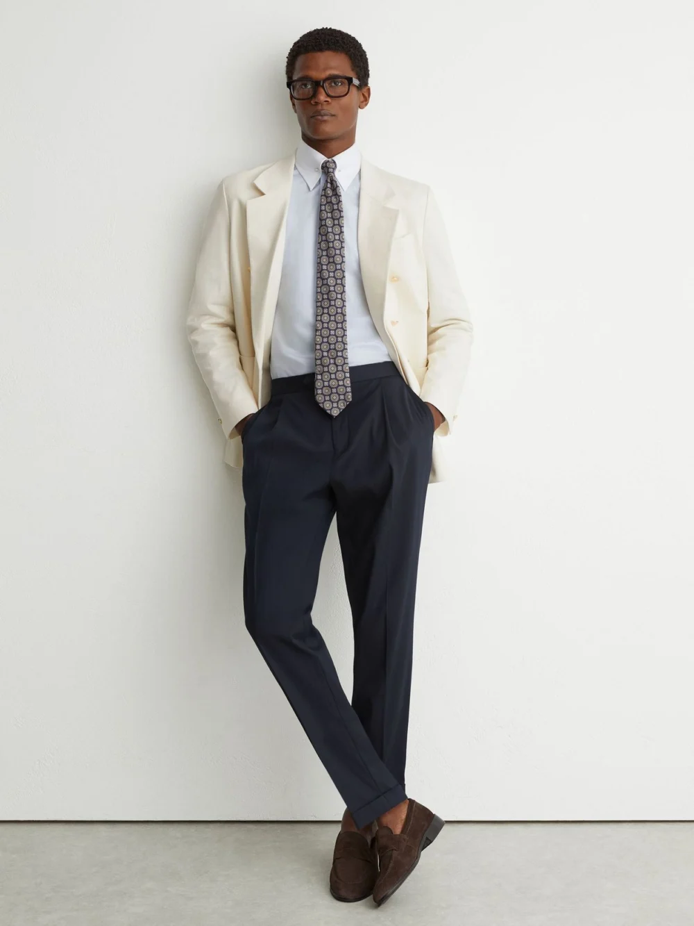 Reiss Off White Cotton Textured Double-breasted Blazer Tailored-fit, view 4