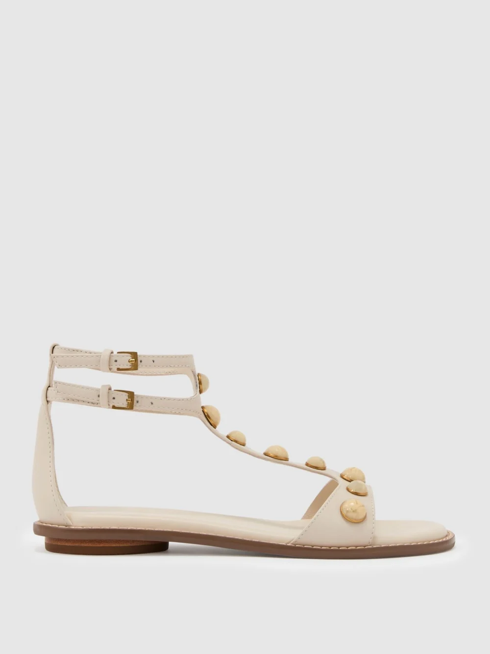 Reiss Off White Leather Studded Flat Sandals, view 2