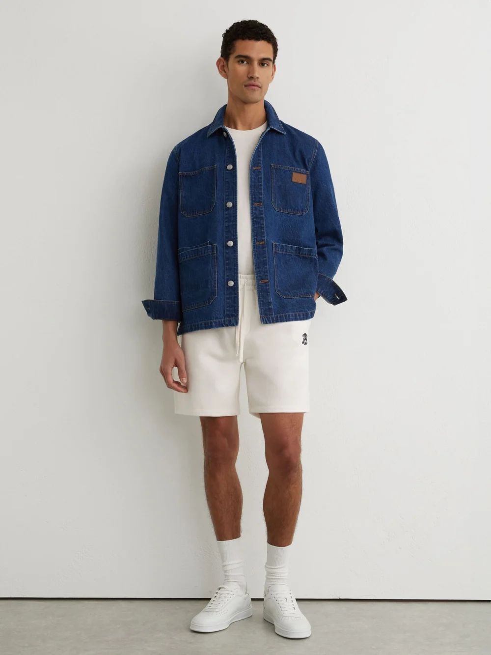 Reiss Off White Monogram Embroidered Cotton Shorts