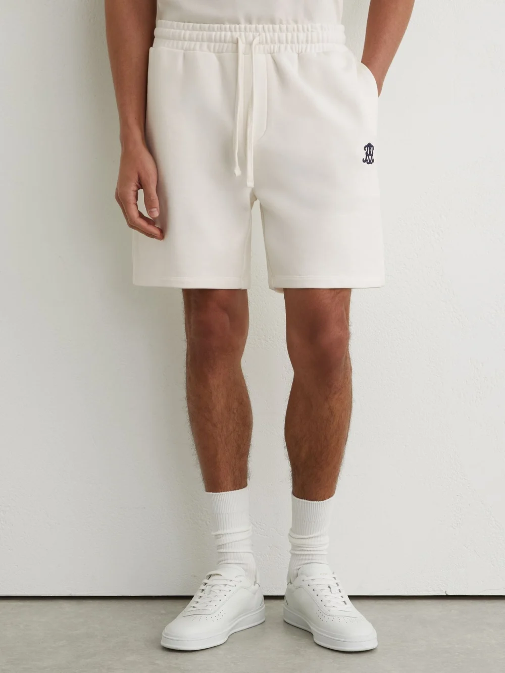 Reiss Off White Monogram Embroidered Cotton Shorts, view 3
