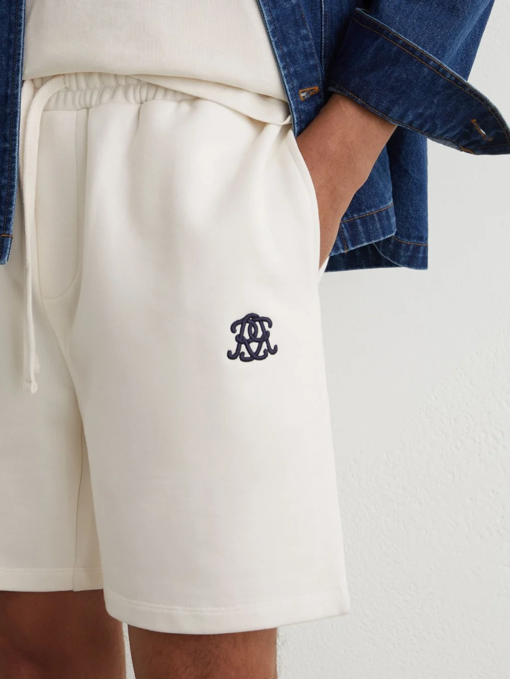 Reiss Off White Monogram Embroidered Cotton Shorts, view 4