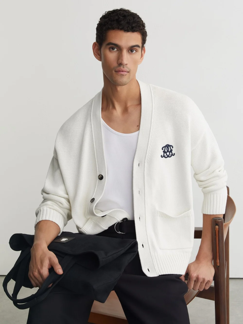 Reiss Off White Monogram-embroidered Relaxed Cardigan