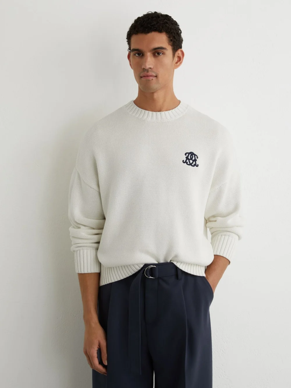 Reiss Off White Monogram-embroidered Relaxed Jumper