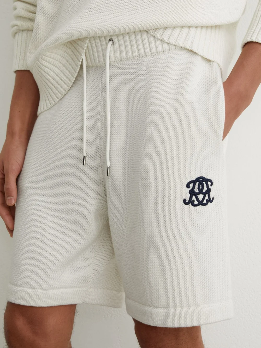 Reiss Off White Monogram-embroidered Relaxed Knit Shorts