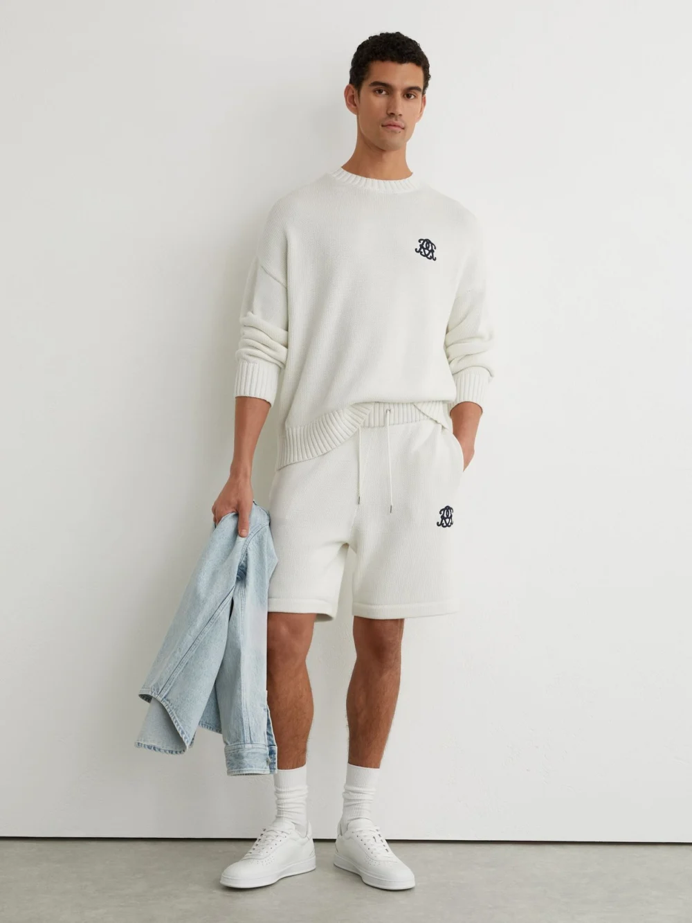 Reiss Off White Monogram-embroidered Relaxed Knit Shorts, view 3