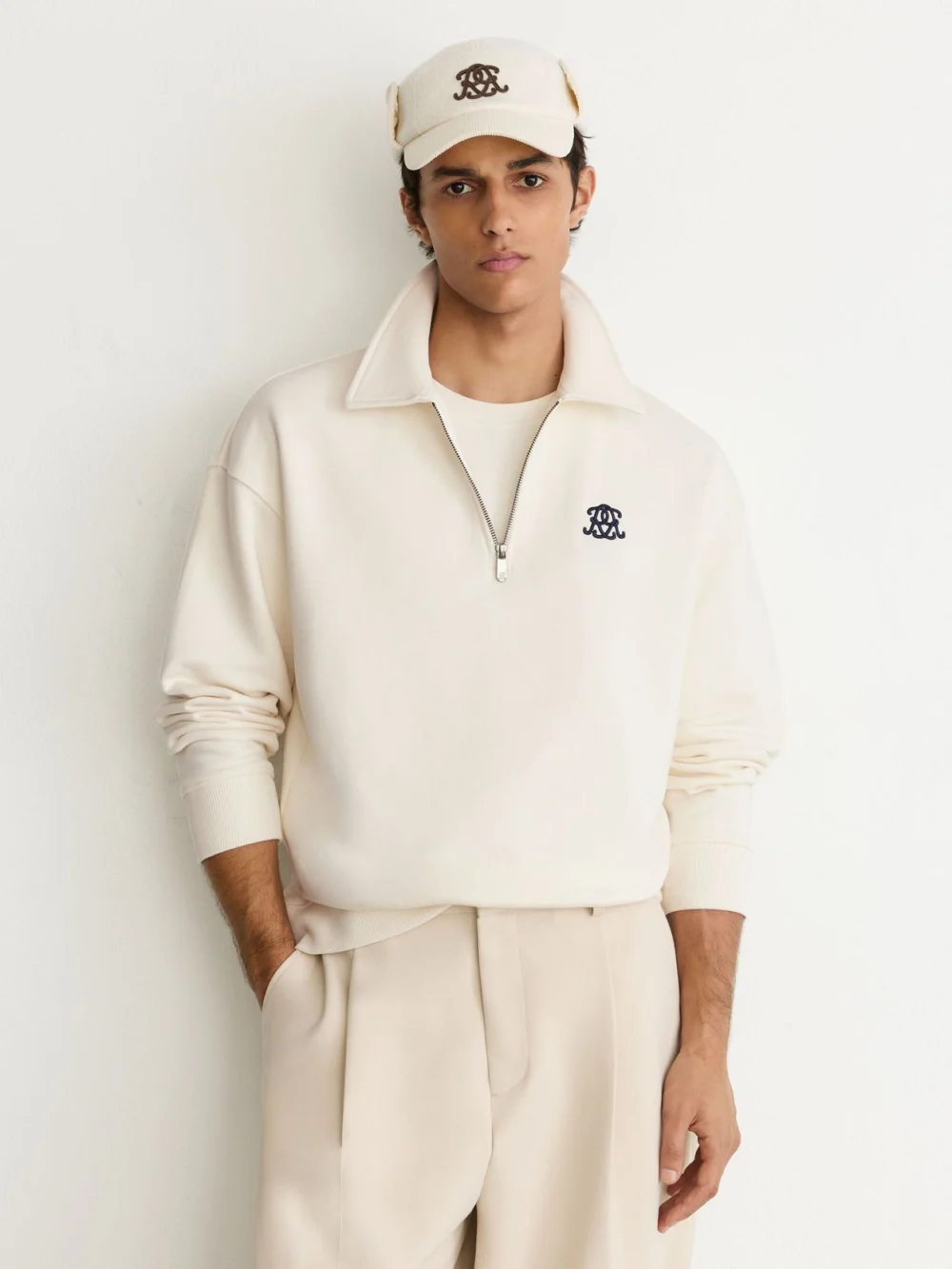 Reiss Off White Monogram Relaxed Half-zip Sweatshirt