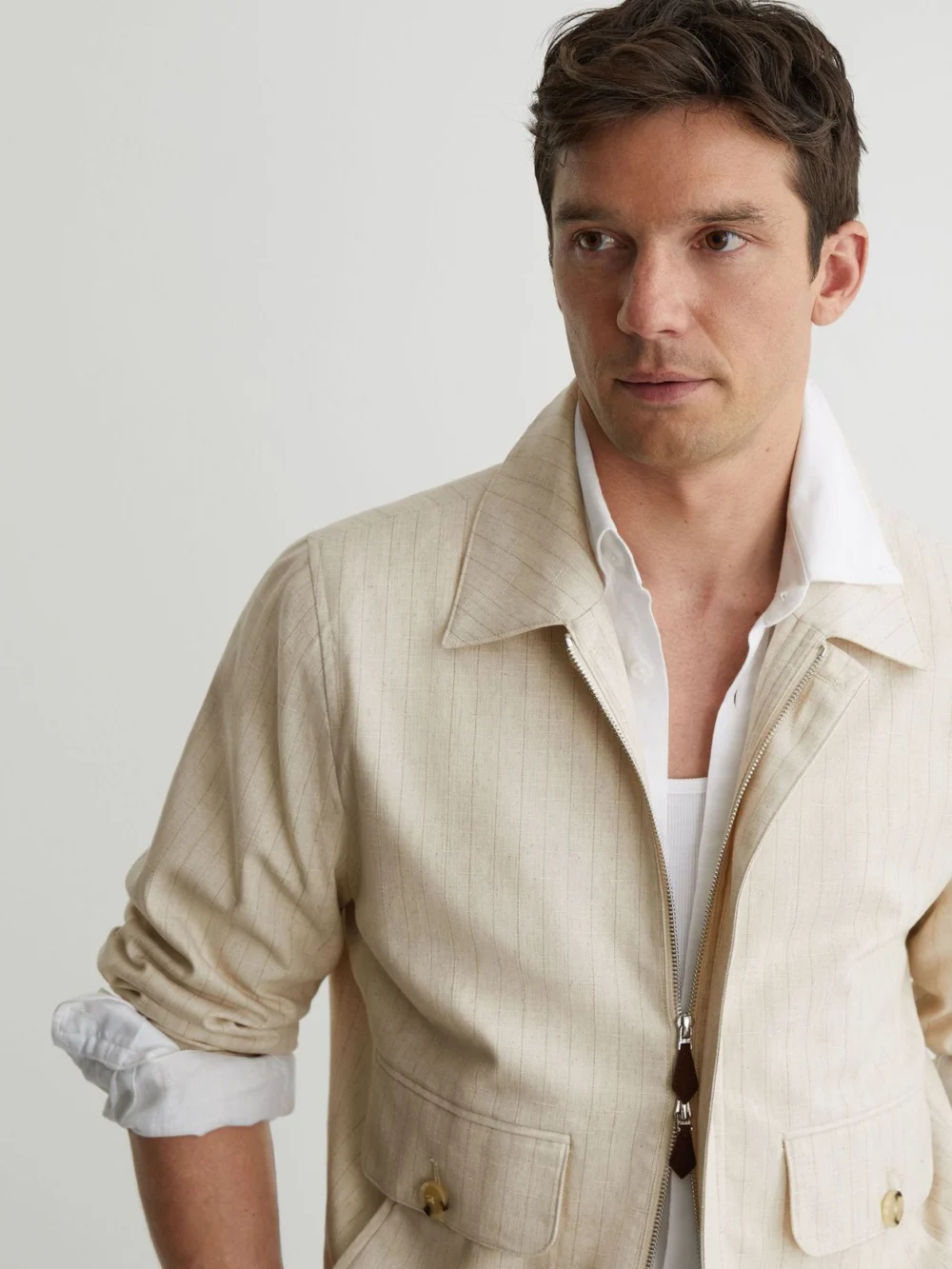 Reiss Off White Pinstripe Flap-pocket Jacket with Linen, view 3