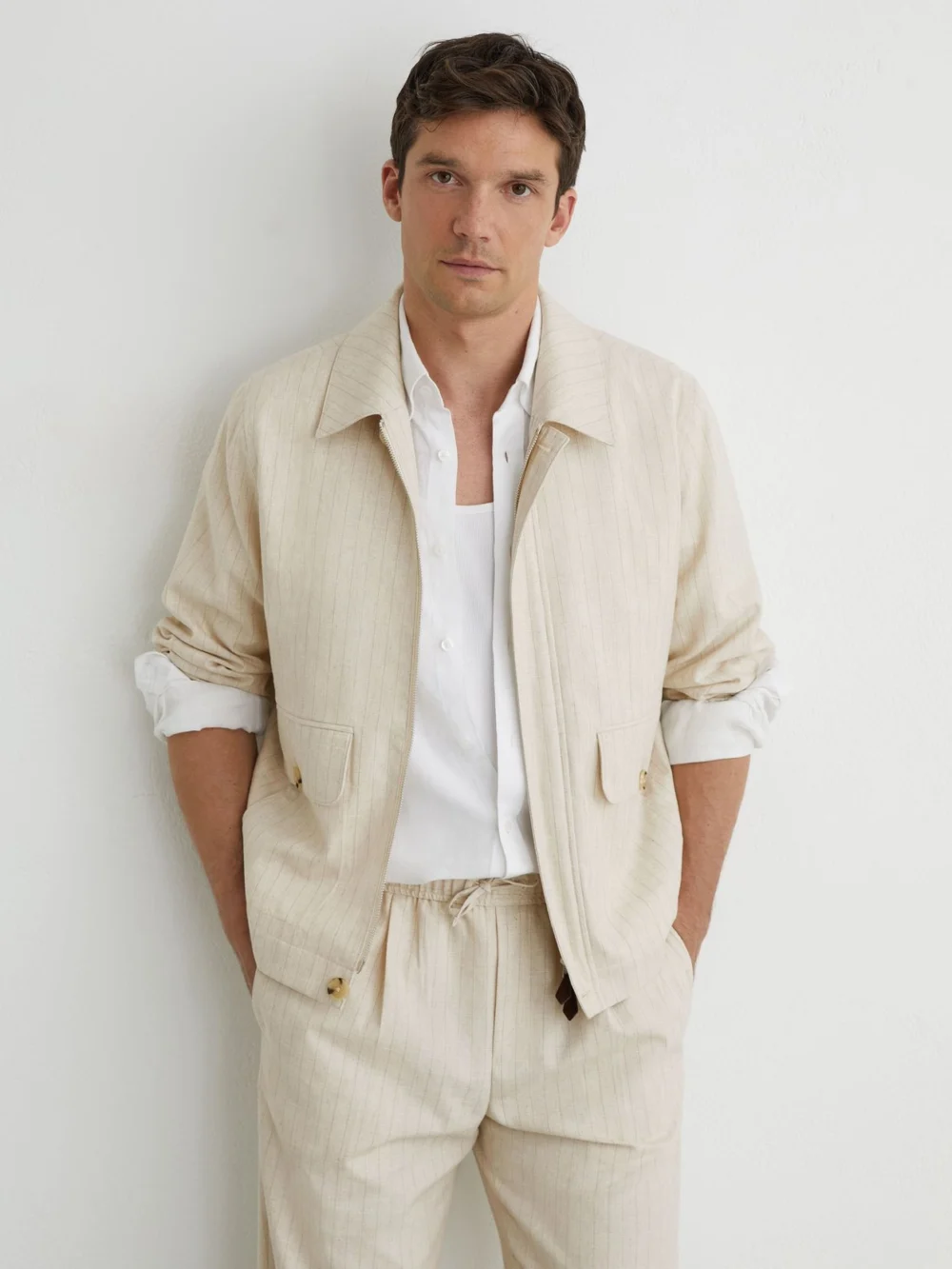 Reiss Off White Pinstripe Flap-pocket Jacket with Linen, view 4