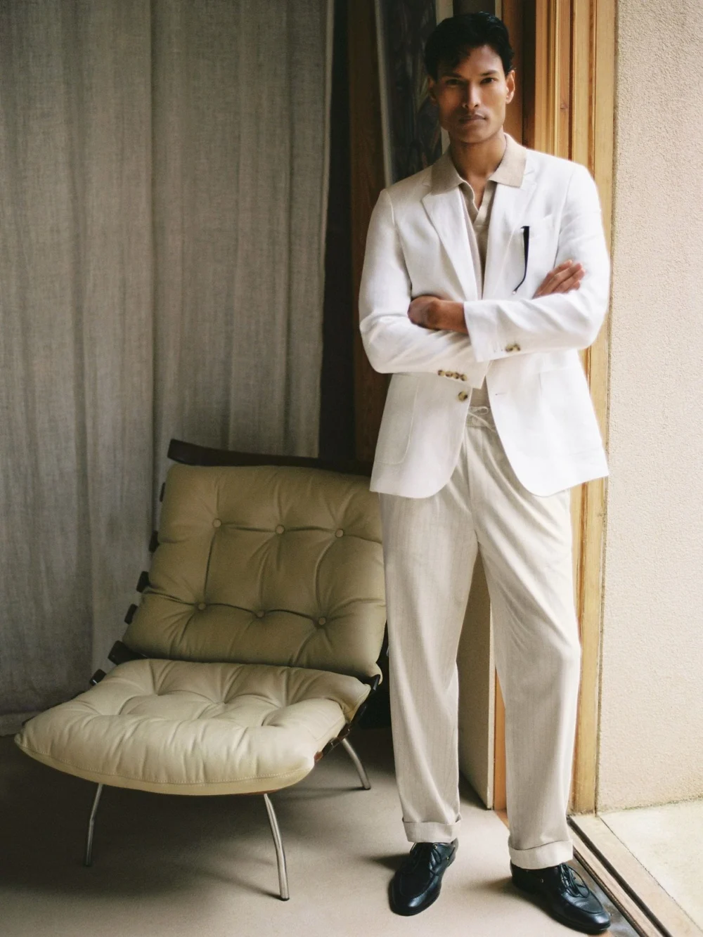 Reiss Off White Pinstripe Tapered Drawstring Trousers with Linen