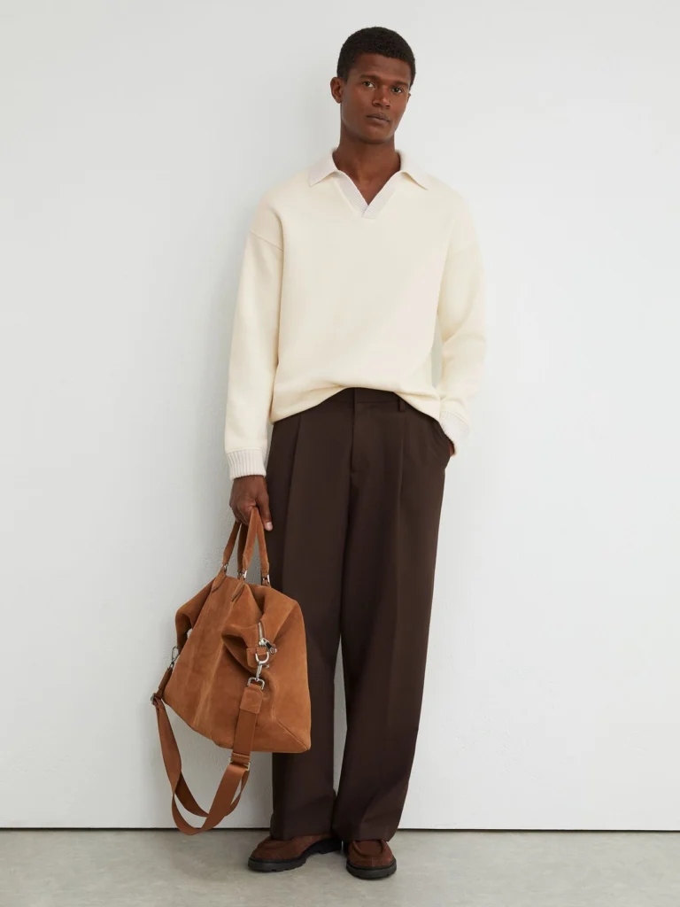 Reiss Off White Premium Interlock Open-collar Sweatshirt