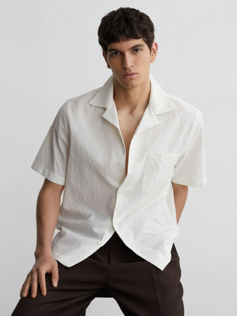 Reiss Off White Textured Cuban-collar Short-sleeve Shirt