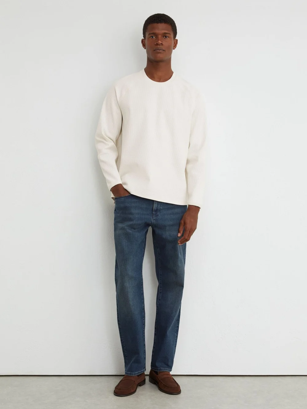 Reiss Off White Waffle Crew-neck Sweatshirt, view 4