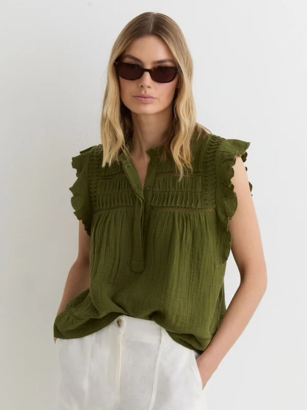 Reiss Olive Green Cotton Cheesecloth Sleeveless Top