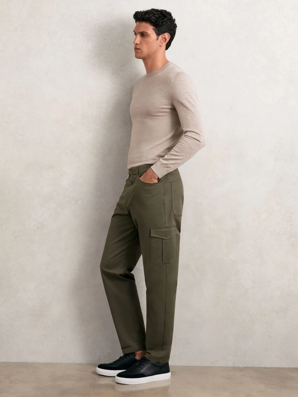 Reiss Olive Green Cotton Tapered Cargo Trousers with Stretch