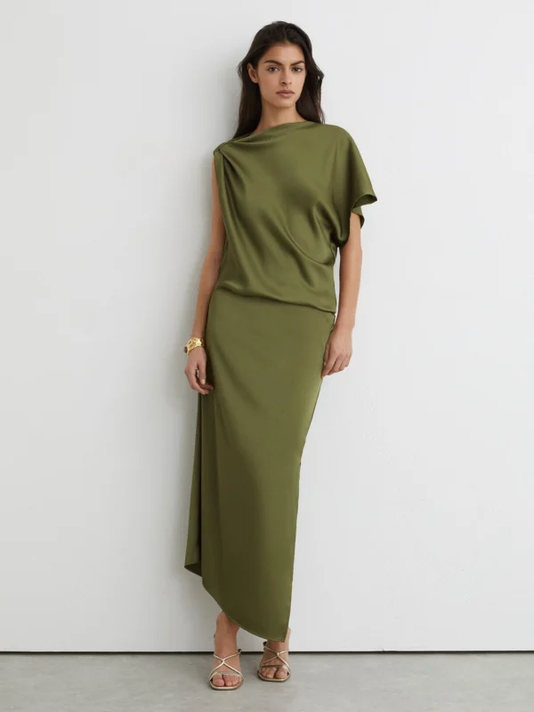Reiss Olive Green Satin Asymmetric Draped Midi Dress