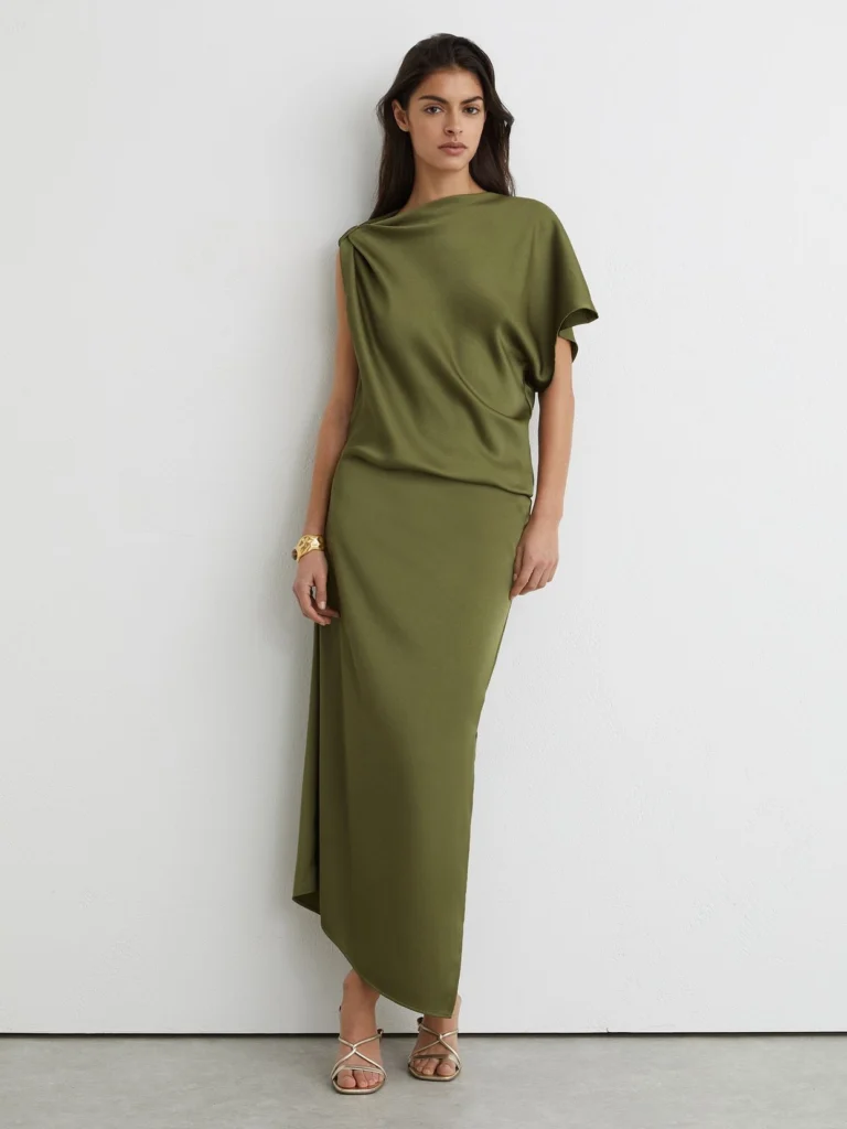 Reiss Olive Green Satin Asymmetric Draped Midi Dress