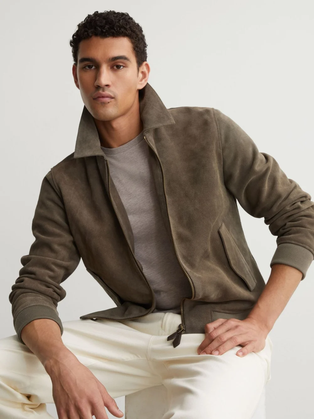 Reiss Olive Green Suede Zip-through Jacket