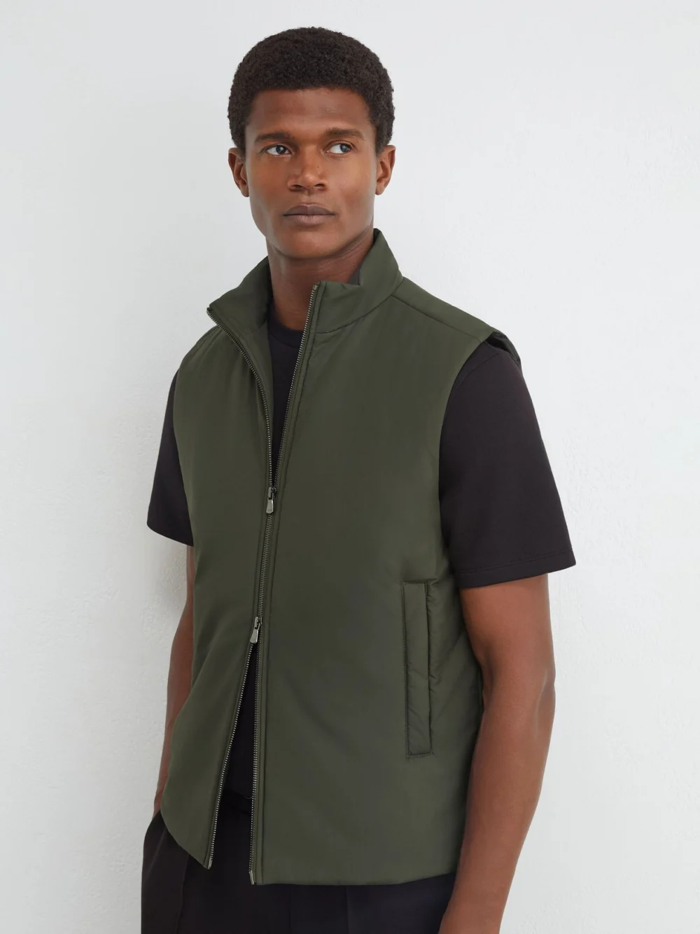 Reiss Olive Green Technical Padded Zip-through Gilet, view 4