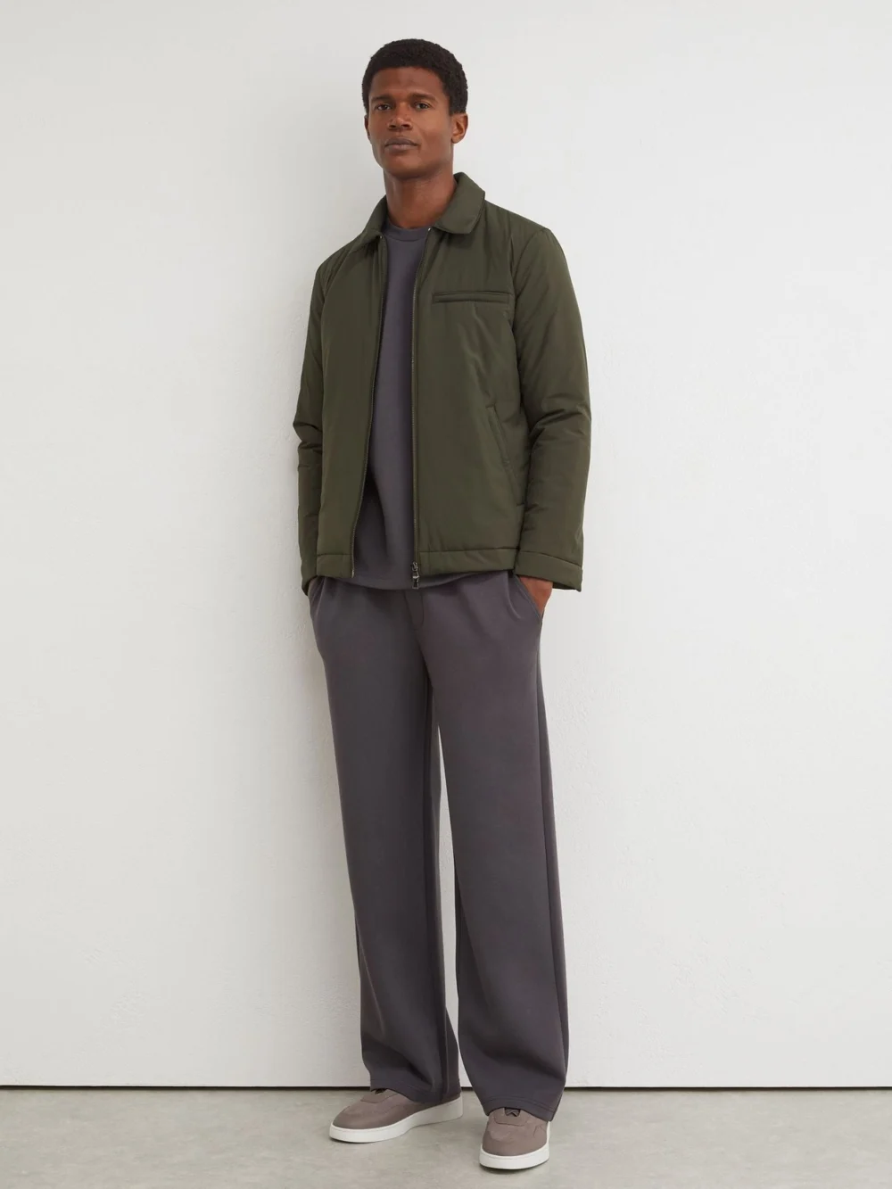 Reiss Olive Green Technical Padded Zip-through Jacket, view 3